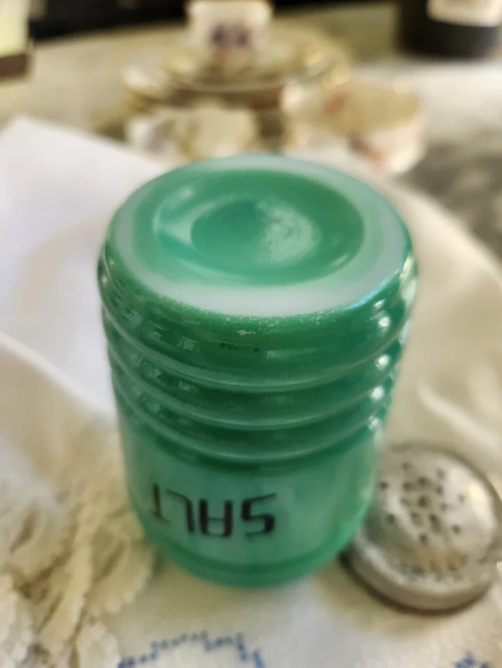 1940's Hazel Atlas Green Milk Glass Salt Shaker